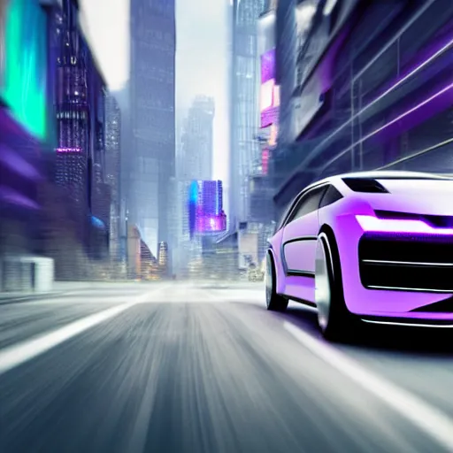 Image similar to a distant photo of a volkswagen idr concept car in a cyberpunk city. racing at extreme speeds. motion blur, purple lighting