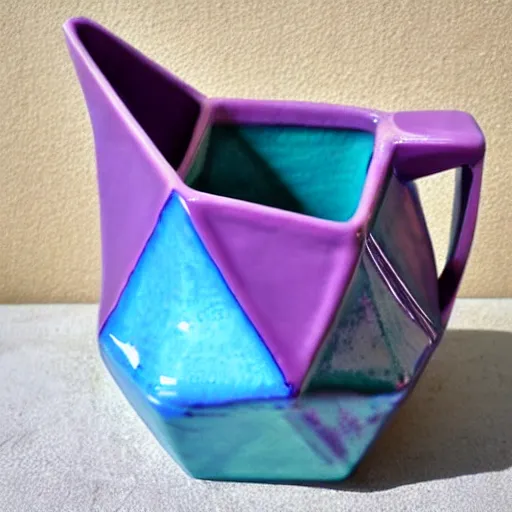 Image similar to geodesic triangle ceramic pitcher with pink and purple iridescent glaze