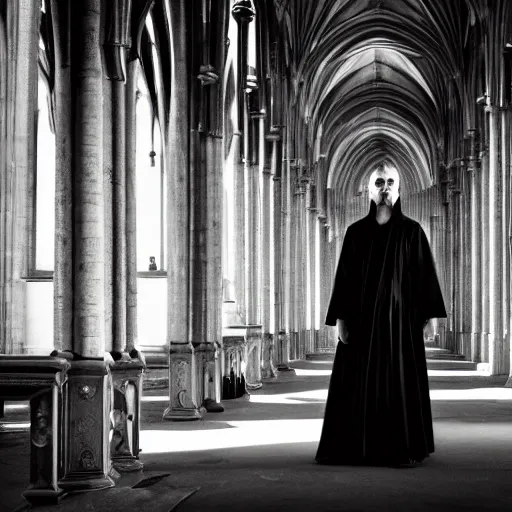 Prompt: vogue artistic photoshoot, f 1. 3, dslr, a man wearing black long cult robes inside a huge massive gothic cathedral, unsplash award winning photo, ultra - detailed, dark and moody, dramatic lighting