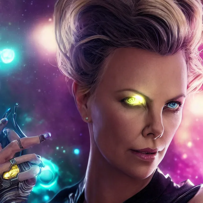 Image similar to portrait of ((Charlize Theron)), wearing The Infinity GAUNTLET. thanos, infinity gauntlet. intricate artwork. octane render, trending on artstation, very coherent symmetrical artwork. avengers. thanos. cinematic, hyper realism, high detail, octane render, 8k, iridescent accents