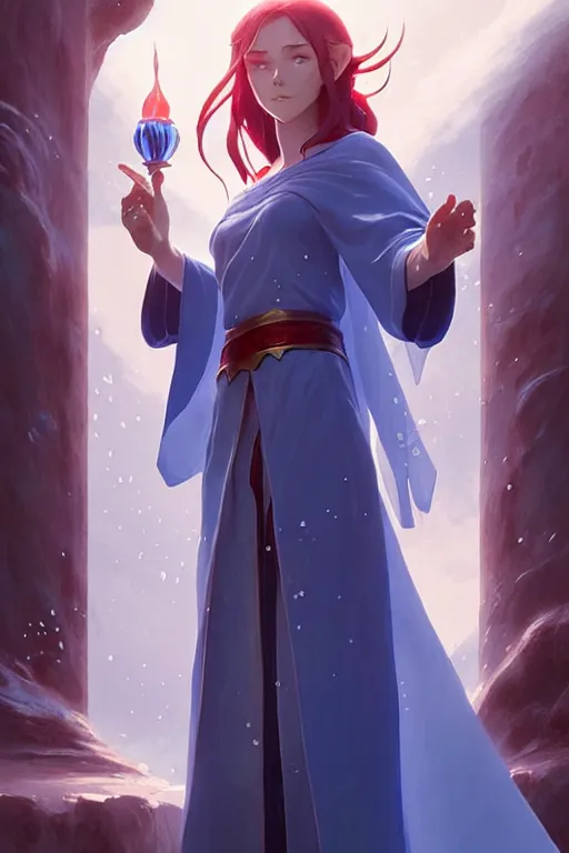 Image similar to elf female sorcerer doing water magic spells, blue robes, red hair, finely detailed perfect face, exquisite details, mid view, design on a white background, by studio muti, greg rutkowski makoto shinkai takashi takeuchi studio ghibli