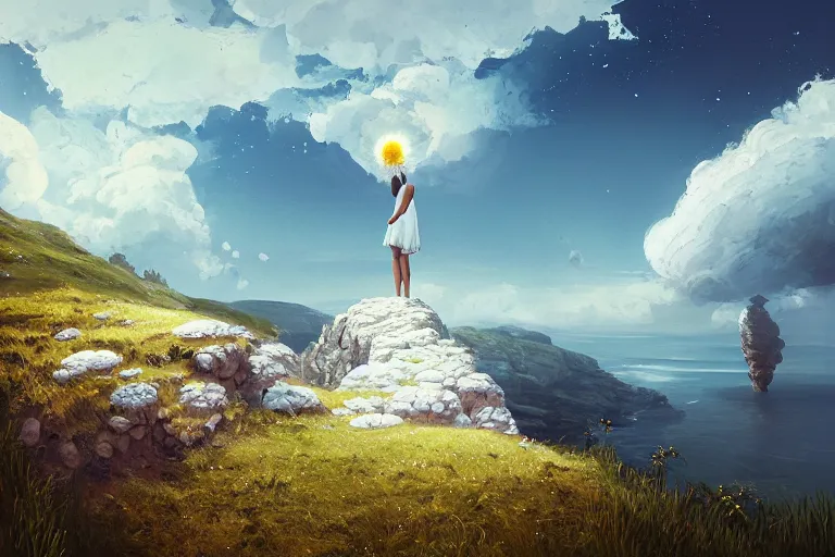 Image similar to giant white daisy flower on head, girl walking on cliff, surreal photography, solar eclipse, milky way, dramatic light, impressionist painting, clouds, digital painting, artstation, james gilleard, liam wong, jeremy mann, simon stalenhag