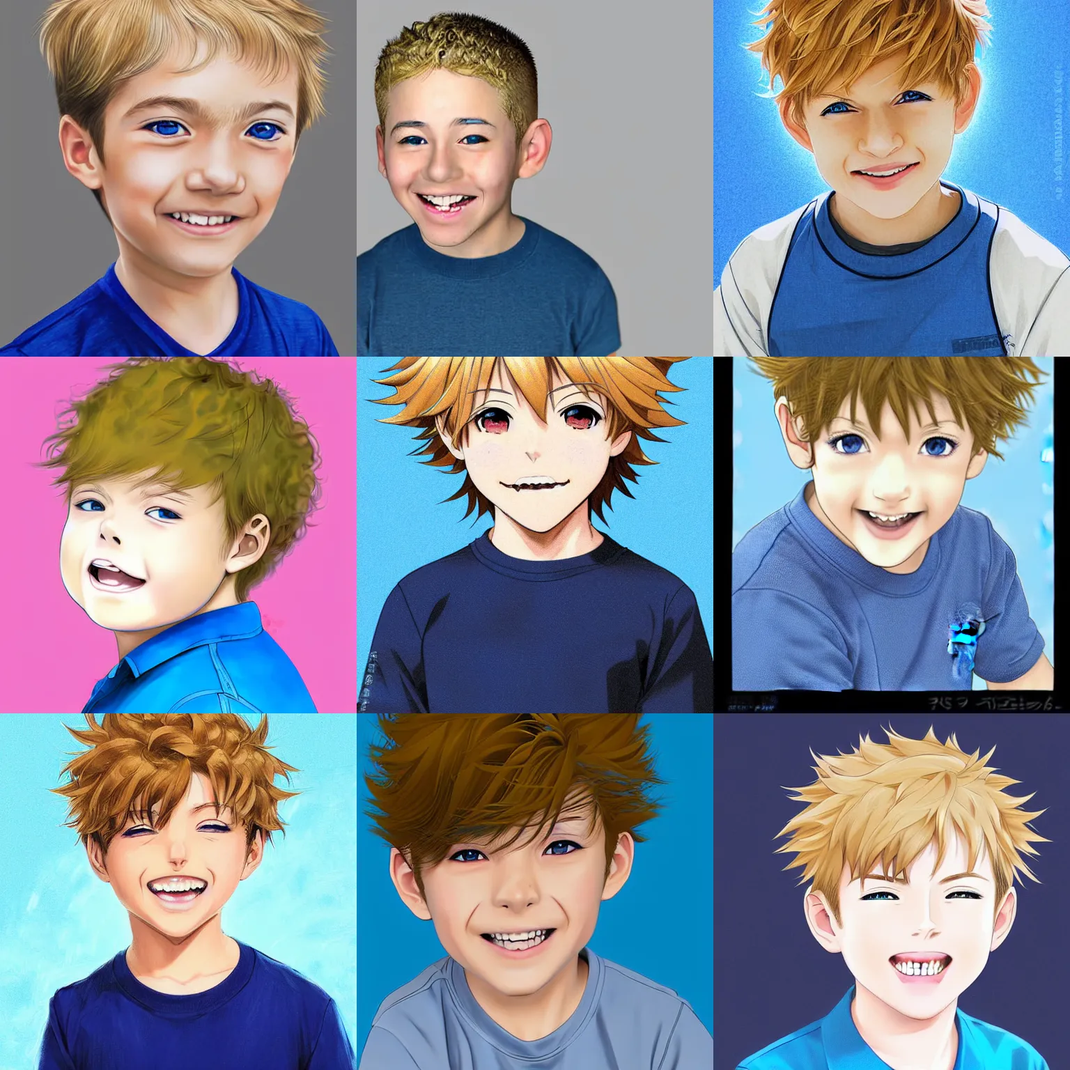 Prompt: A medium shot anime portrait of a young smiling anime boy child with extremely short curly wavy light blonde hair and blue eyes, buzzed sides, blue-eyed, chubby face, very young, 4yr old, medium shot portrait, his whole head fits in the frame, solid color background, flat anime style shading, head shot, digital drawing by Stanley Artgerm Lau, WLOP, Rossdraws, James Jean, Andrei Riabovitchev, Marc Simonetti, and Sakimi chan, trending on artstation