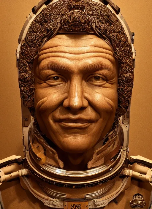 Prompt: high intricate bust of an astronaut carved from wood in baroque style, studio light, maria panfilova, andrea savchenko, mike kime, ludovic plouffe, qi sheng luo, oliver cook, trending on artstation