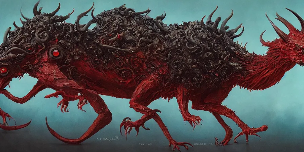 Image similar to a devil myth fauna creature with 6 legs 2 eyes 1 head by illustrated by miyazaki by karol bak, james jean, tom bagshaw, rococo, sharp focus,, animal, creature design trending on artstation, cinematic lighting, hyper realism, octane render, 8 k, hyper detailed, vivid, ultra detailed, highly detailed