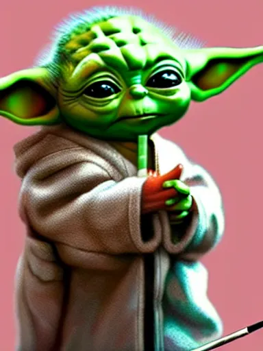 Prompt: baby yoda smocking a joint cigarette, weed, digital painting, artstation, highly detailed