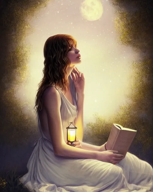 Image similar to milla jovovich in white nightgown reading a book by the river, a full moon on the horizon, dark starry sky, dreamy fantasy ambience with golden orbs and fireflies, detailed gothic illustration bright moon light, by charlie bowater, brom