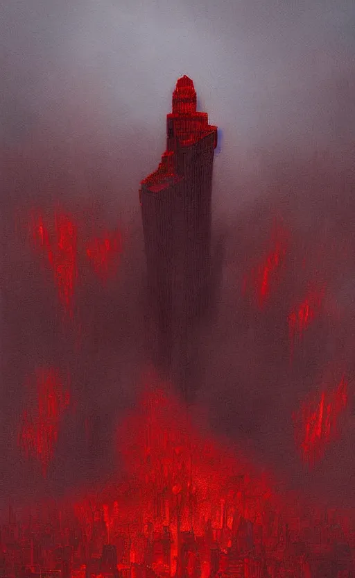 Image similar to an digital art of fire red alert storm that destroys new york city in style of zdislaw beksinski