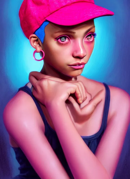 Image similar to portrait of teenage vanessa morgan with bright pink hair, black girl, curly pixie cut hair, wearing newsboy cap, pink short haircut, newsboy cap, hoop earrings, blue eyes, intricate, elegant, glowing lights, highly detailed, digital painting, artstation, concept art, smooth, sharp focus, illustration, art by wlop, mars ravelo and greg rutkowski