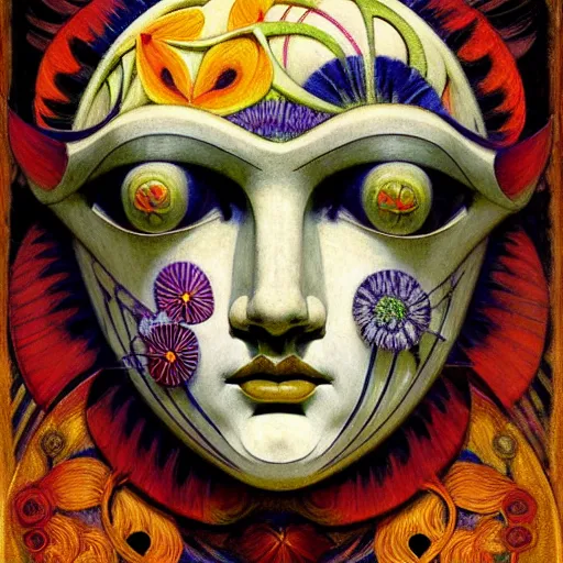 Image similar to masterpiece painting of a facemask made of stylized flowers, by annie swynnerton and jean delville and tino rodriguez and john watkiss, flower mask, art deco shaman, art brut, symbolist, dramatic lighting, god rays, elaborate geometric ornament, clean crisp graphics, soft cool colors, smooth, sharp focus, extremely detailed