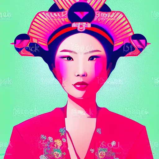 Prompt: a portrait of a beautiful chinese woman, in retro colors, synthwave style, 2 d digital vector art