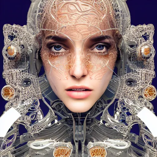 Image similar to very beautiful woman integrating with technology, full face frontal centered, portrait, insipiring, detailed intricate ornate cables connected to head, big open electric eyes, luxurious detailed abundent wiring and implants, diamonds, sci-fi, neon, emeralds, detailed technology full background, highly detailed, artstation, Rene Lalique and Eddie Mendoza and Gil Elvgren