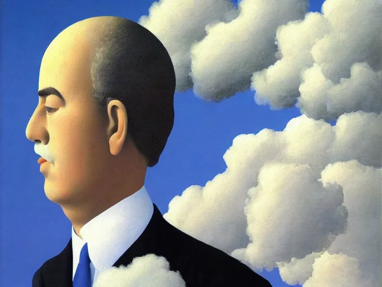 Image similar to man made out of clouds, painting by rene magritte, high detail, high resolution