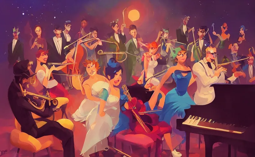 Prompt: the enchanted jazz band party with musicians and a glamorous female singer, behance hd artstation by jesper ejsing, by rhads, makoto shinkai and lois van baarle, ilya kuvshinov, ossdraws