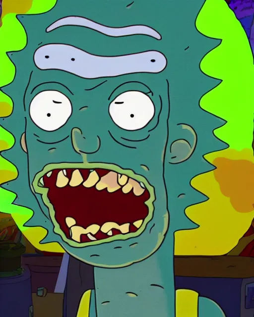 Image similar to film still close - up shot of pickle rick in the tv show rick & morty. photographic, photography