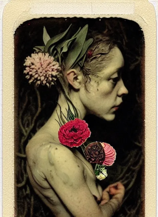 Image similar to beautiful and detailed rotten woman made of plants and many types of stylized flowers like carnation, chrysanthemum, roses and tulips, intricate, surreal, john constable, guy denning, gustave courbet, caravaggio, romero ressendi 1 9 1 0 polaroid photo