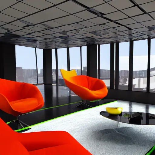 Prompt: 1970's futurist interior living space, furnished by aero aarino, primary colors are white, orange, yellow, and red unreal engine 8k resolution