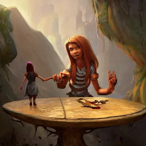 Image similar to an illustration shows a table with a little girl next to a troll holding onto the, concept art by slawomir maniak, trending on artstation, fantasy art, fantasy art