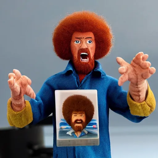 Prompt: a screaming angry bob ross doll in rear view mirror