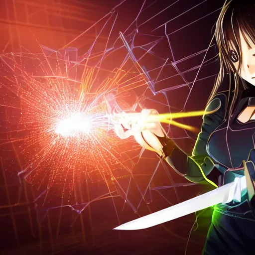 Image similar to anime girl with futuristic armor and glowing sword slicing in half a metal cube, futuristic background, sparks from the cube getting sliced, extremely detailed, intense, particles,