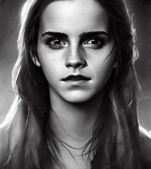 Prompt: emma watson, beautiful piercing eyes, realistic face, black and white drawing, in the style of greg rutkowski, fantasy, amazing detail, epic, intricate, elegant, smooth, sharp focus