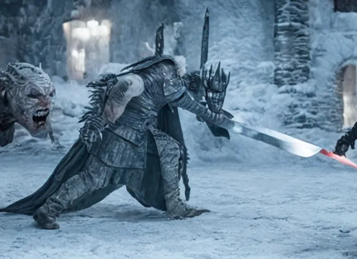 Prompt: a screenshot of betty white fighting the night king with a sword in an episode of game of thrones