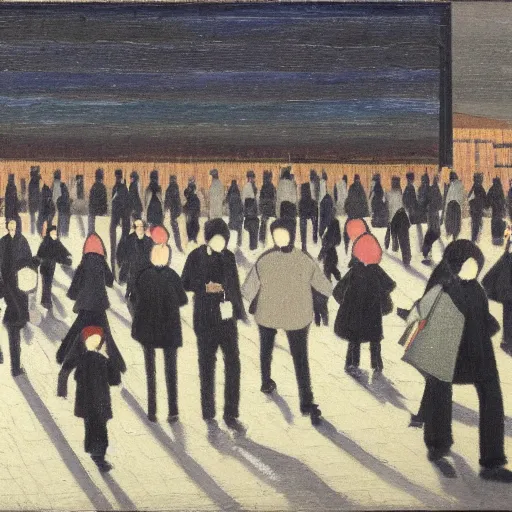 Image similar to painting of japanese commuters heading to the central business district of tokyo, painted by laurence stephen lowry, oil on canvas, national gallery