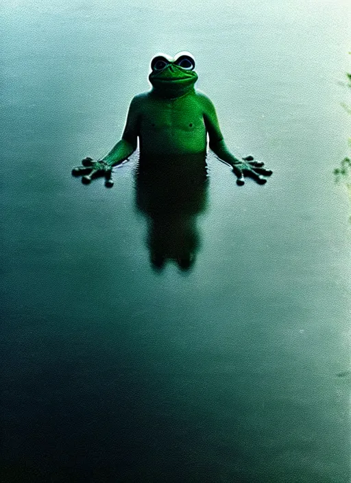 Image similar to “pepe the frog vertically hovering above misty lake waters in jesus christ pose, low angle, long cinematic shot by Andrei Tarkovsky, paranormal, eerie, mystical”