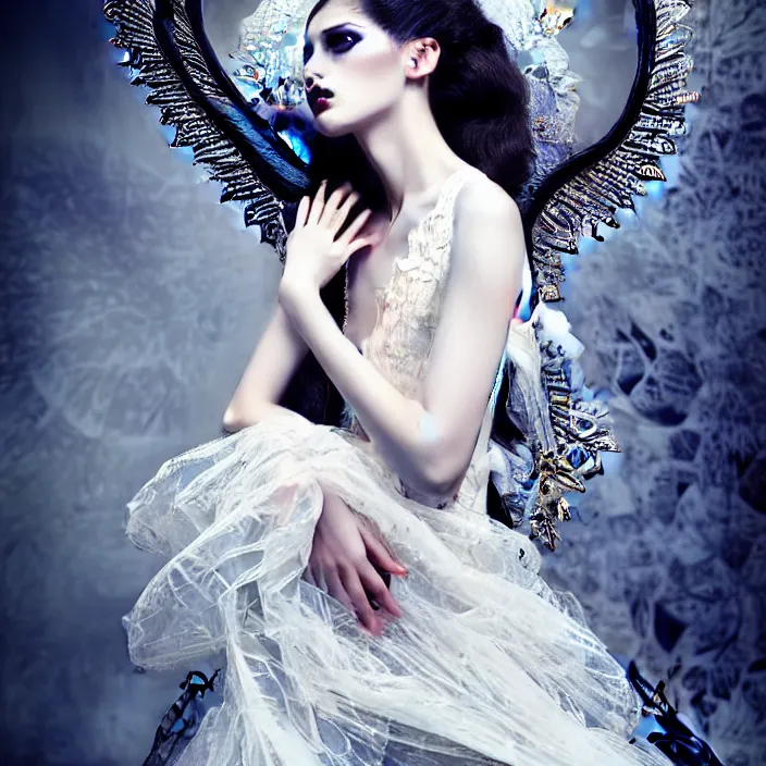 Image similar to photo portrait of a beautiful woman like a dark fallen angel, dressed in long elegant intricate ornamental white dress,intricate fractal ornament in the upper body intricate baroque ornament hair, fine art photography by Giovanni Gastel, professional studio colors lighting, volumetric lighting, dramatic colors scheme , hyper realistic photography in style of Vogue Fashion magazine