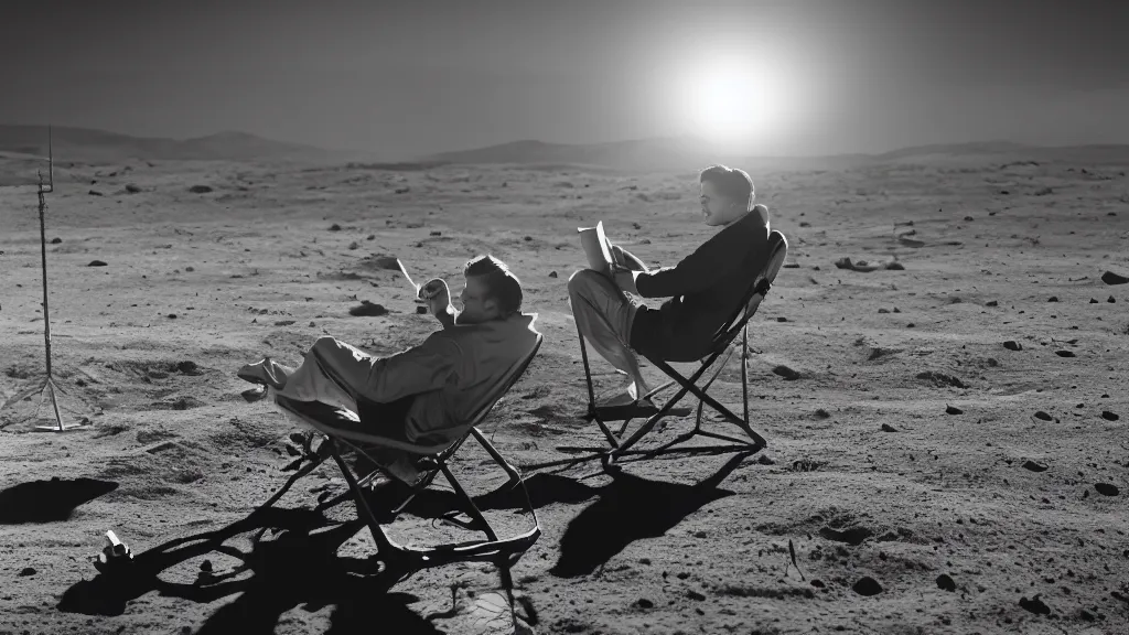 Image similar to A highly photographic render of Leonardo DiCaprio on the Moon, sitting on a lawn chair reading a book facing the camera. Medium shot, rim lighting, cinematic lighting, octane engine, photo realistic image, 4K, super detailed, cinematic look