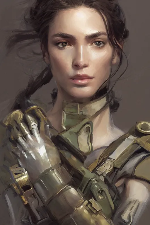 Image similar to a professionally painted portrait of an attractive young woman, clothed in military armor, olive skin, long dark hair, beautiful bone structure, symmetrical facial features, intricate, elegant, digital painting, trending on Artstation, concept art, smooth, sharp focus, illustration, from Metal Gear by Ruan Jia and Mandy Jurgens and Artgerm and William-Adolphe Bouguerea, award winning