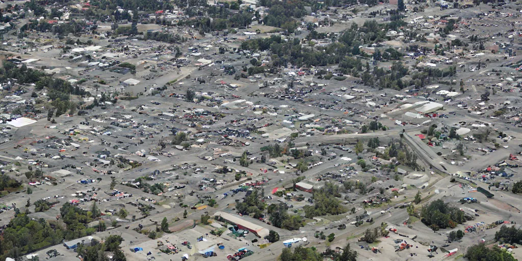 Prompt: bird's eye view of a city, trailer park, a road, bridge, and shipping dock area. town hall. photography