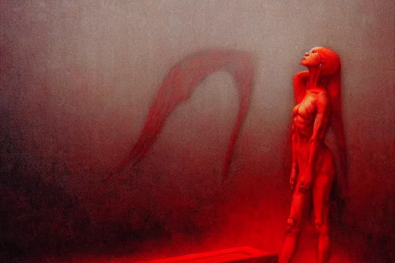 Image similar to only with red, a red angel announce the win, at the gates of a rich renaissance city, pathos, in the style of beksinski, part by hopper, part by rodcenko, part by hofbauer, intricate composition, red by caravaggio, insanely quality, highly detailed, masterpiece, red light, artstation