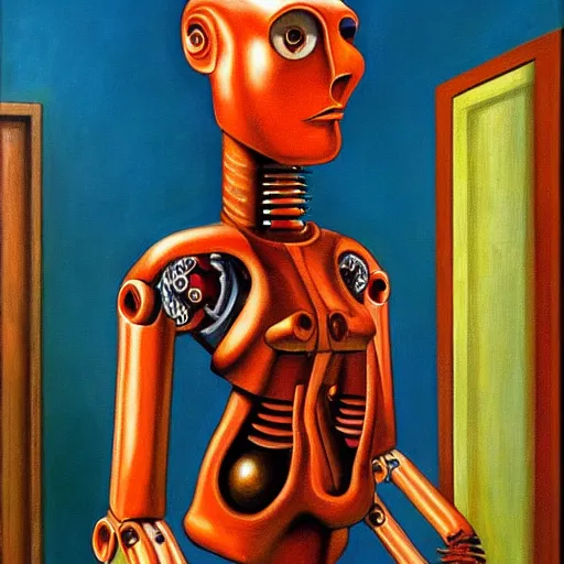 Prompt: biomechanical robot with soulful eyes portrait, lowbrow, pj crook, grant wood, edward hopper, oil on canvas