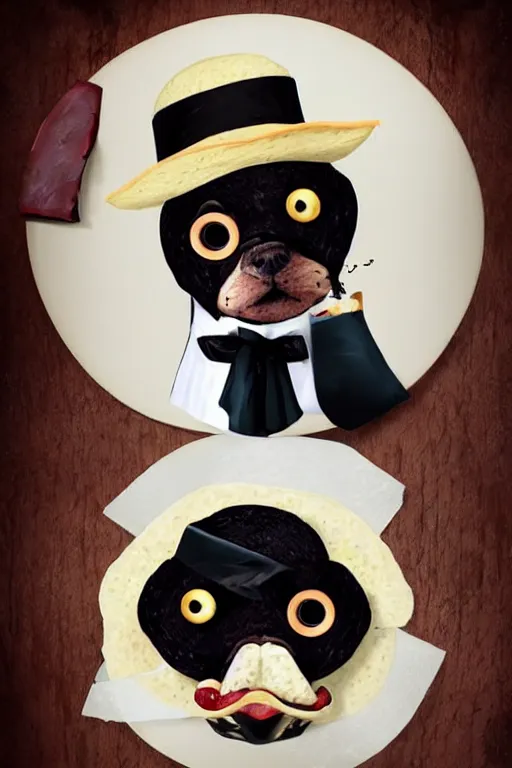 Prompt: a portrait of a handsome taco!!!! wearing a monocle and a victorian suit, ( ( character concept art ) ), headshot, trending on artstation, culinary photography of a delicious taco in a tuxedo