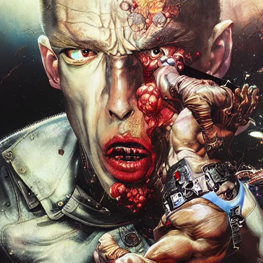 Prompt: realistic detailed UHD photorealistic Duke Nukem punching a Nazi, by Ayami Kojima, Amano, Karol Bak, Mark Brooks, tonalism, rich deep colors. Beksinski painting, art by Adrian Ghenie and Gerhard Richter. art by Takato Yamamoto. masterpiece