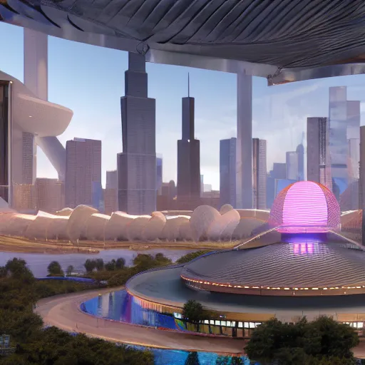 Image similar to octane render, industrial light magic, sharp professional photo inside a high - end luxurious beautiful utopian futuristic chicago worlds fair, ultradetailed, photorealistic, cinema 4 d, volumetric lighting, raytraced lighting and reflections, designed by award winning future architect