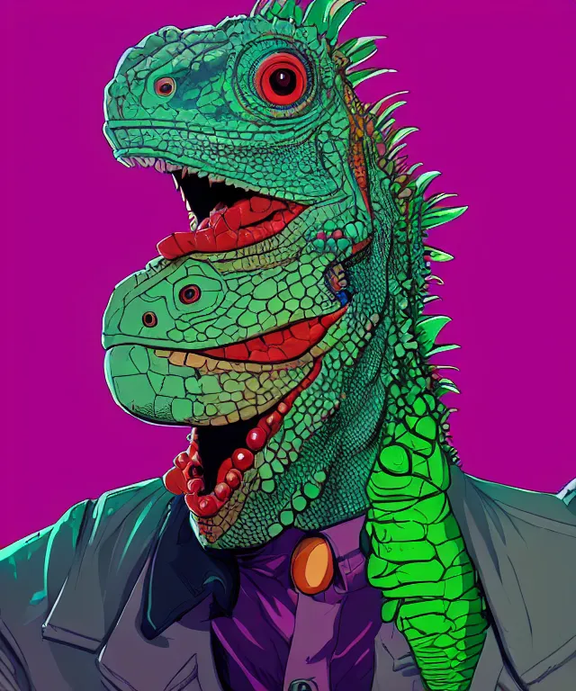 Image similar to a portrait of an iguana wearing a clown outfit, cyberpunk!, fantasy, elegant, digital painting, artstation, concept art, matte, sharp focus, illustration, art by josan gonzalez