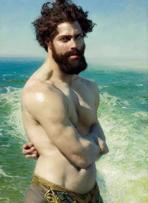 Prompt: detailed cinematic wide shot of muscular attractive young mulatto man beard slim face symmetrical face tanskin green eyes white hair wearing sea clothes, ultra realistic, spring light, painting by gaston bussiere, craig mullins, j. c. leyendecker