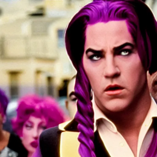 Image similar to a film still of diavolo with purple hair from jojo in goodfellas