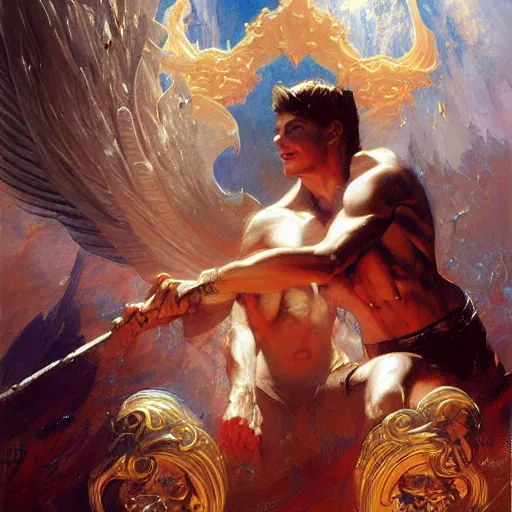 Prompt: attractive male deity casts dark spell, summons handsome lucifer morningstar. highly detailed painting by gaston bussiere, craig mullins, j. c. leyendecker 8 k