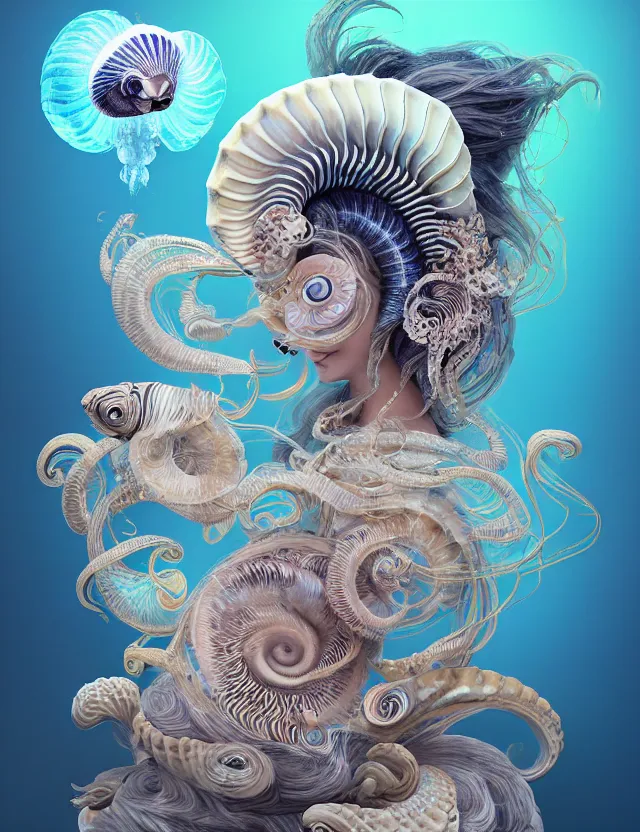 Image similar to 3 d goddess nautilus half - turn portrait with long hair with ram skull. beautiful intricately detailed japanese crow kitsune mask and clasical japanese kimono. betta fish, jellyfish phoenix, bio luminescent, plasma, ice, water, wind, creature, artwork by tooth wu and wlop and beeple and greg rutkowski