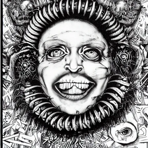 Image similar to punk album cover, blank horizontal banner on top, black and white spiral, psychedelic, giuseppe arcimboldo