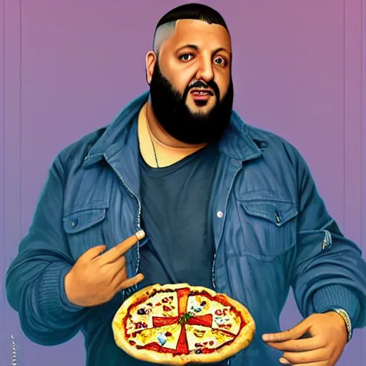 Prompt: portrait of DJ Khaled with wavy big hairstyle holding a pizza pie drooling as a Grand Theft Auto Cover, elegant, intricate, headshot, highly detailed, digital painting, artstation, concept art, sharp focus, illustration, art by artgerm and greg rutkowski and alphonse mucha