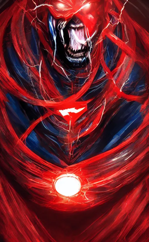 Image similar to venom as doctor strange, black and red suit, dynamic lighting, photorealistic fantasy concept art, trending on art station, stunning visuals, terrifying, creative, cinematic