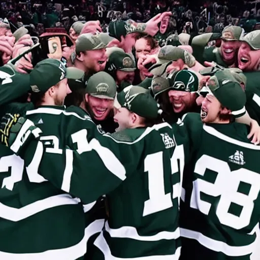 Prompt: in the style of NHL 22 video game, Michigan State hockey players embrace each other and celebrate winning a championship