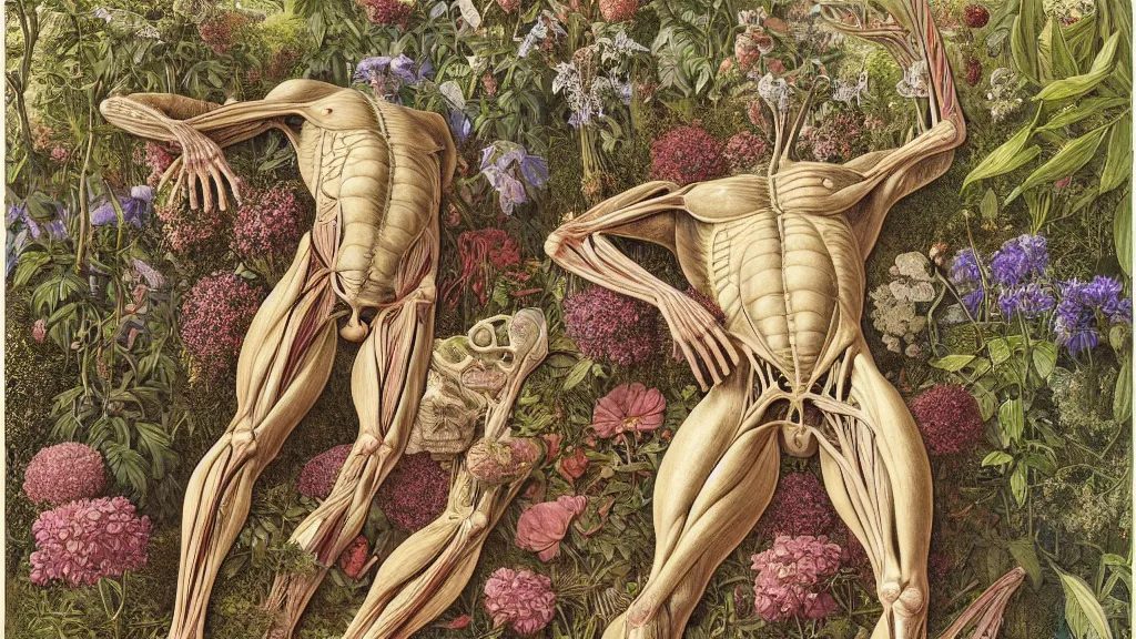 Image similar to highly detailed illustration of a single human anatomy body surrounded by all the known species of plants and flowers by juan gatti, by moebius!, by leonardo da vinci!!, by oliver vernon