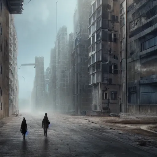 Prompt: hyperrealistic matte painting of a desolate city street, lone travelers walking under massive buildings, intricate detail, mythological buildings, vr, cables, distortions, piping, 8 k resolution, technological, endless street, by hugh ferris, cyberpunk style, concept art, trending on artstation