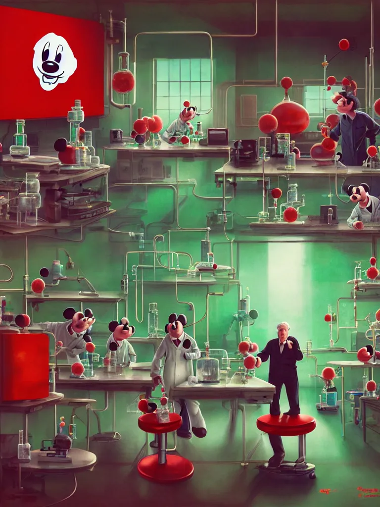 Image similar to scientists in laboratory, single giant mickey mouse face by denning guy, amano yoshitaka, berkey john, bowater charlie, greg rutkowski, netflix logo, green floor, red walls, colored gels, studio photography, 3 5 mm film look