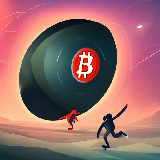 Image similar to landscape of people running from a cryptocoin very scared, the cryptocoin is the villain, cryptocoin levitating, digital art, artstation